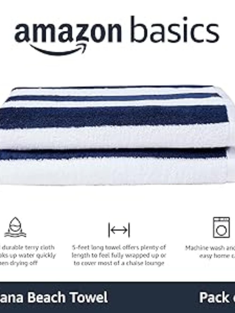 Amazon Basics Cabana Stripe Beach Towel - 2-Pack, Navy Blue, 30 x 60"